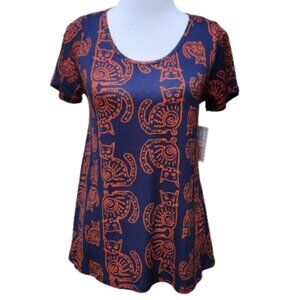 Lularoe Classic Short Sleeve T-Shirt NWT Egyptian Cat Print Orange Blue